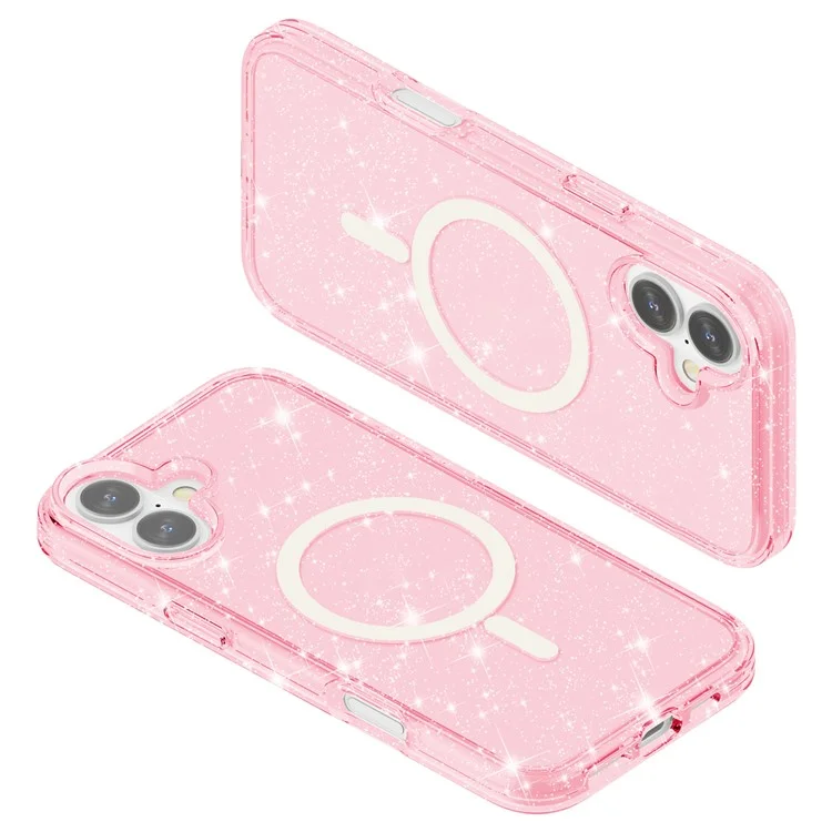 For iPhone 16 Plus Magnetic Phone Case Sparkly Glitter PC+TPU Phone Cover - Pink