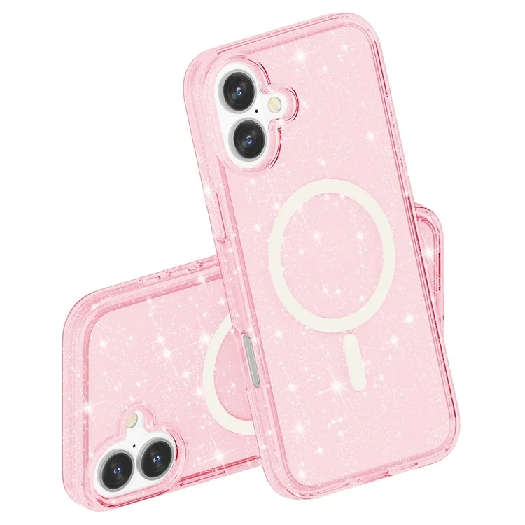 For iPhone 16 Plus Magnetic Phone Case Sparkly Glitter PC+TPU Phone Cover - Pink