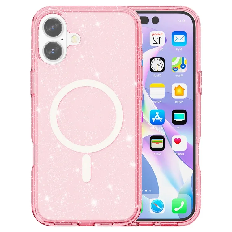 For iPhone 16 Plus Magnetic Phone Case Sparkly Glitter PC+TPU Phone Cover - Pink