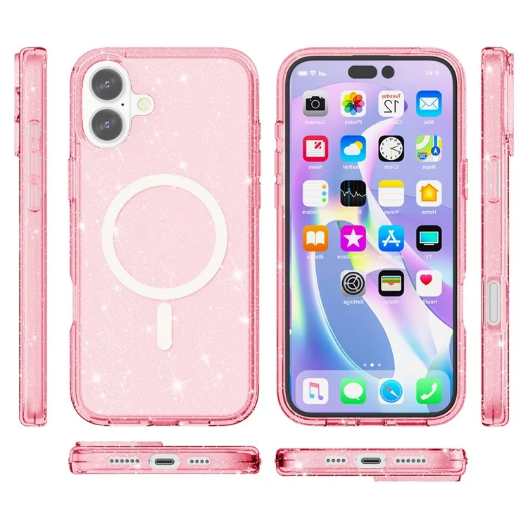 For iPhone 16 Plus Magnetic Phone Case Sparkly Glitter PC+TPU Phone Cover - Pink
