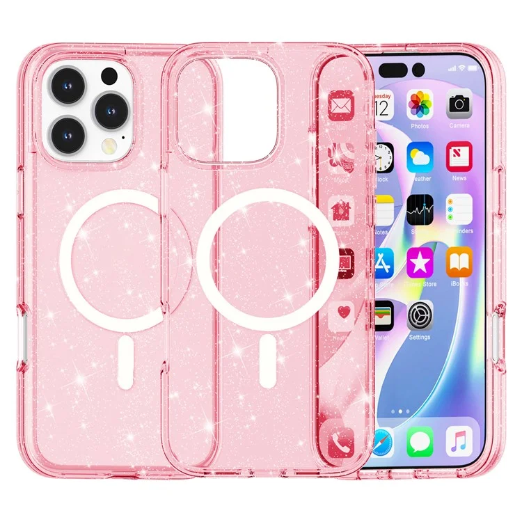 Étui magnétique compatible avec MagSafe pour iPhone 16 Pro en PC+TPU avec paillettes - Rose