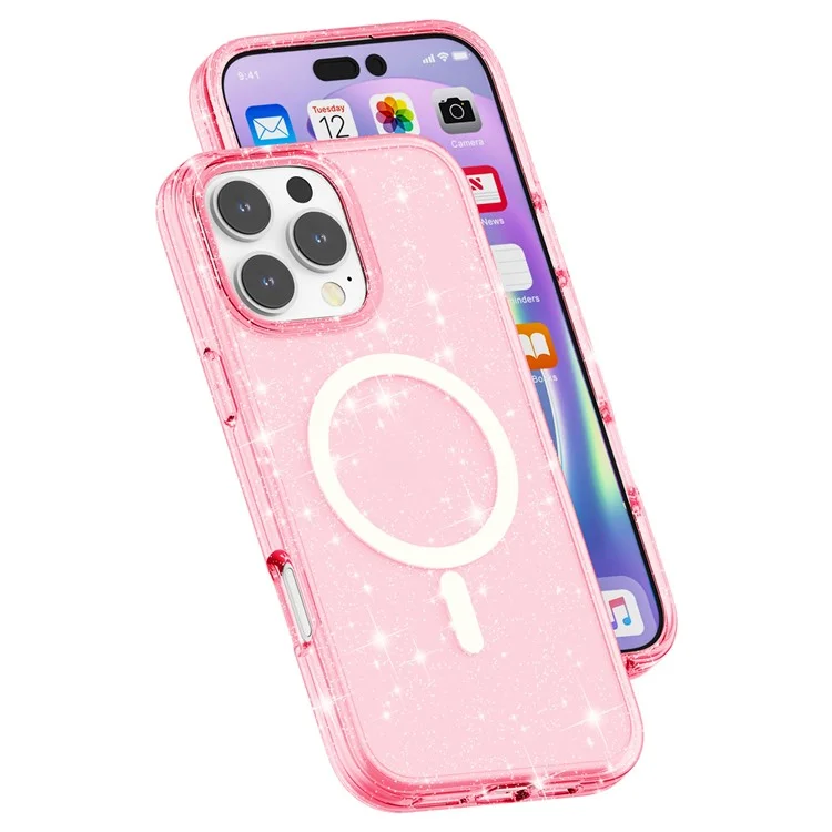 Étui magnétique compatible avec MagSafe pour iPhone 16 Pro en PC+TPU avec paillettes - Rose