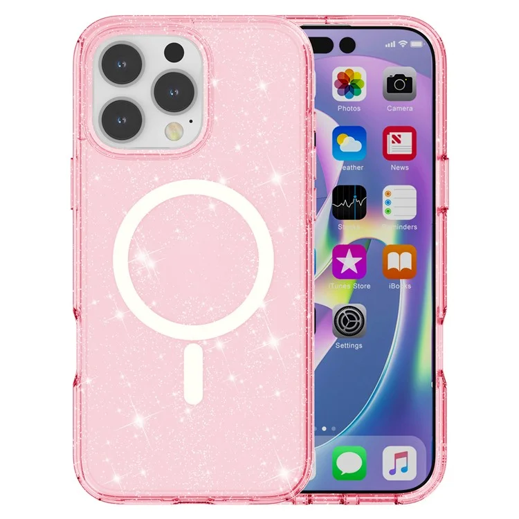 Étui magnétique compatible avec MagSafe pour iPhone 16 Pro en PC+TPU avec paillettes - Rose