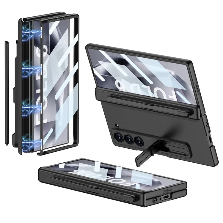 GKK Für Samsung Galaxy Z Fold6 5G Hülle Harte PC-Telefonabdeckung mit klarer Bildschirmfolie Magnetisches Scharnier - Schwarz