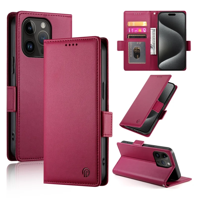 DF-010 For iPhone 14 Pro Max Case Stand Magnetic Clasp Leather Phone Cover - Wine Red