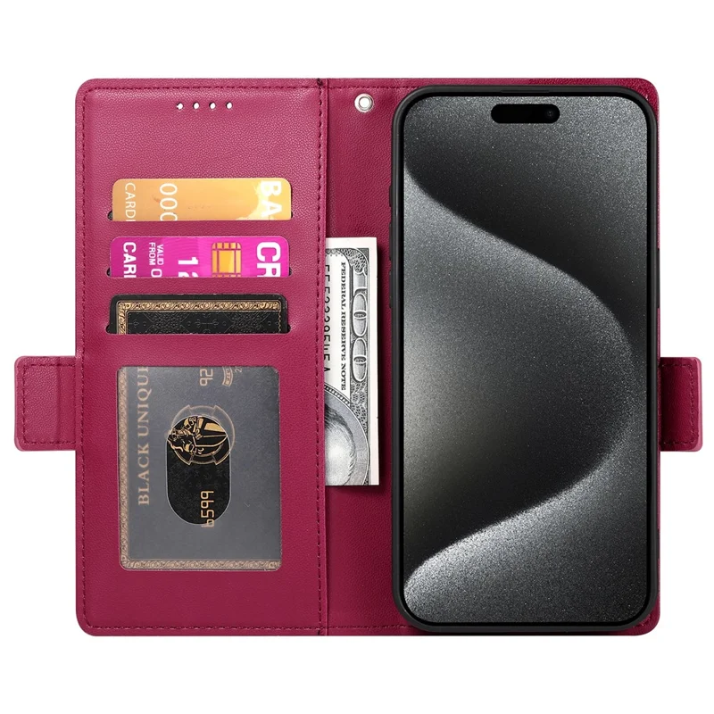DF-010 For iPhone 14 Pro Max Case Stand Magnetic Clasp Leather Phone Cover - Wine Red