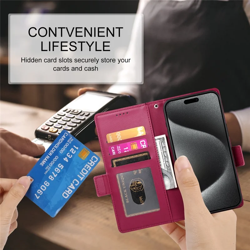 DF-010 For iPhone 14 Pro Max Case Stand Magnetic Clasp Leather Phone Cover - Wine Red