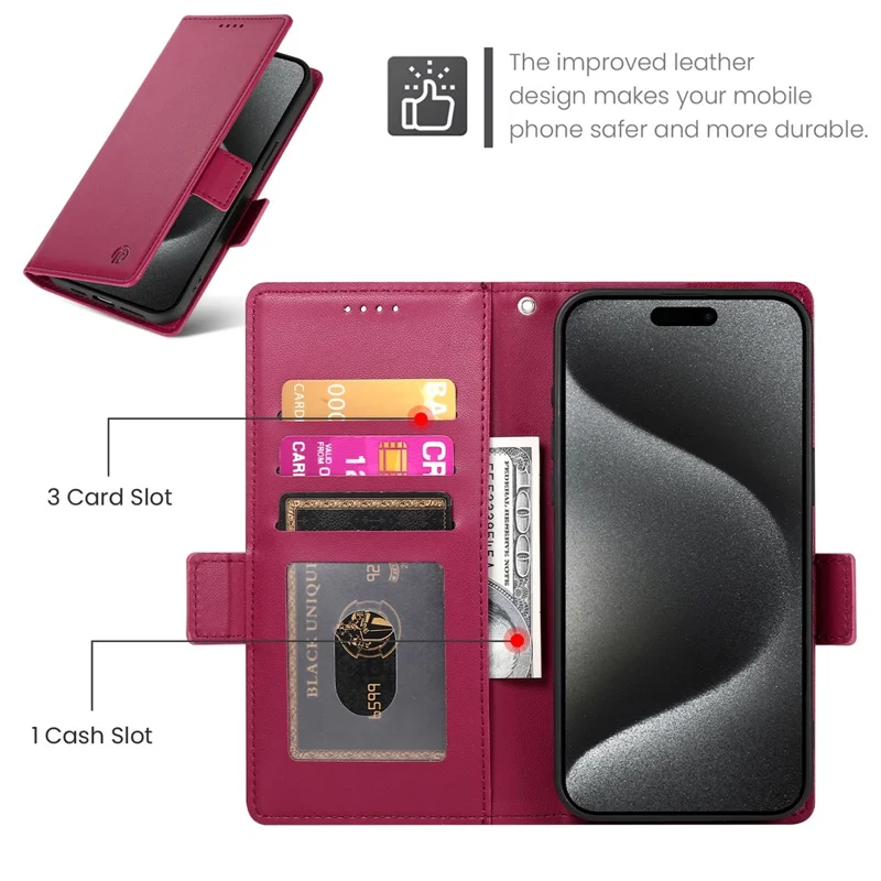 DF-010 For iPhone 14 Pro Max Case Stand Magnetic Clasp Leather Phone Cover - Wine Red