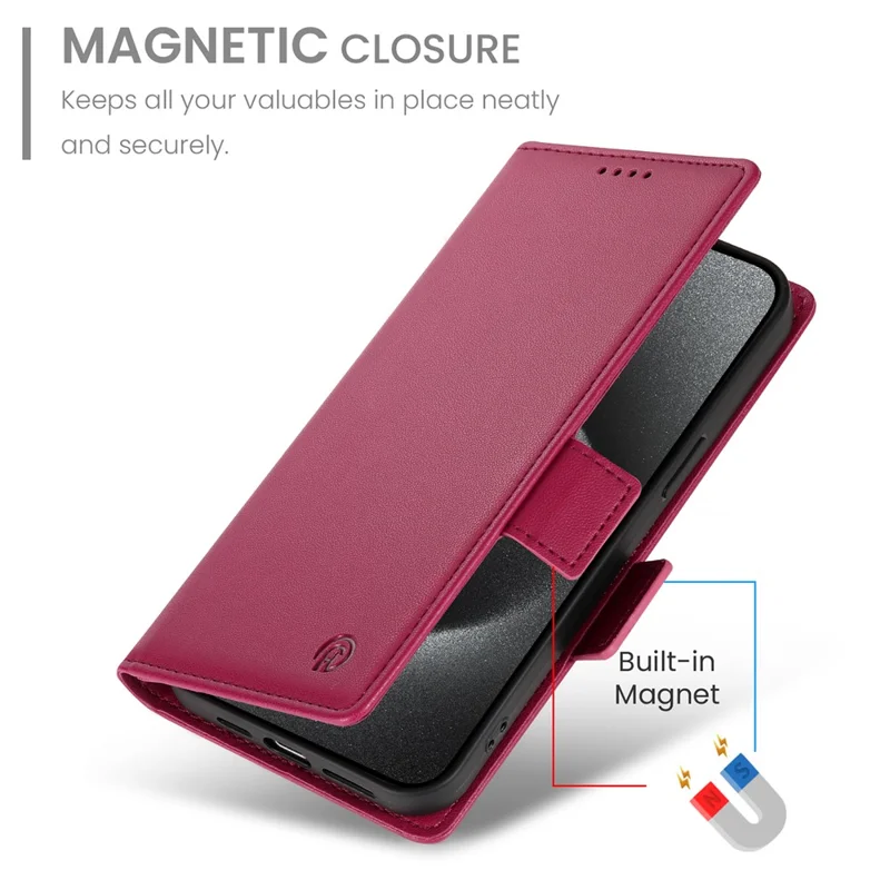 DF-010 For iPhone 14 Pro Max Case Stand Magnetic Clasp Leather Phone Cover - Wine Red