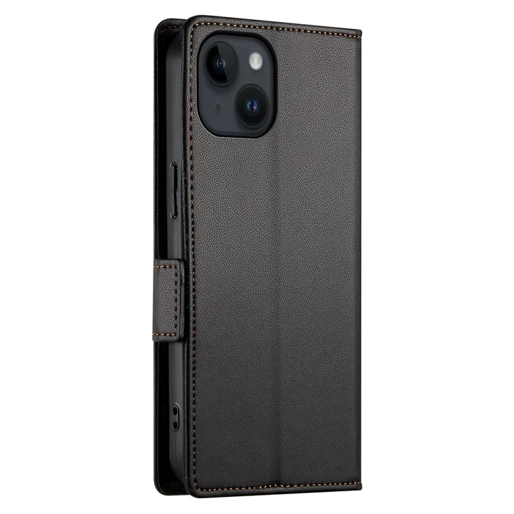 DF-010 For iPhone 15 Case Side Magnetic Clasps Leather Phone Cover with Wallet Stand - Schwarz