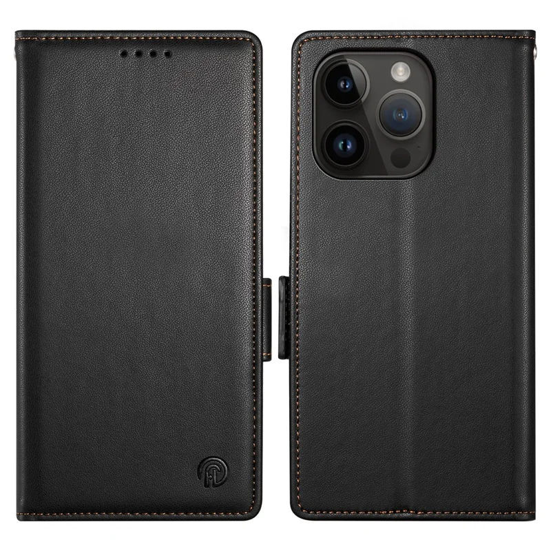 DF-010 For iPhone 15 Pro Case Side Magnetic Clasps Leather Wallet Stand Phone Cover - Black