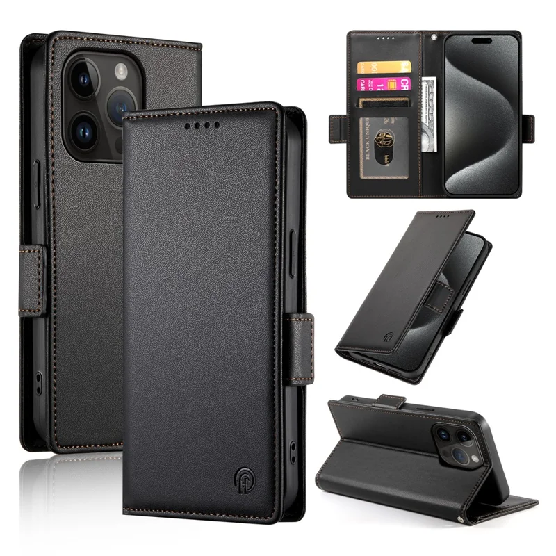 DF-010 For iPhone 15 Pro Case Side Magnetic Clasps Leather Wallet Stand Phone Cover - Black
