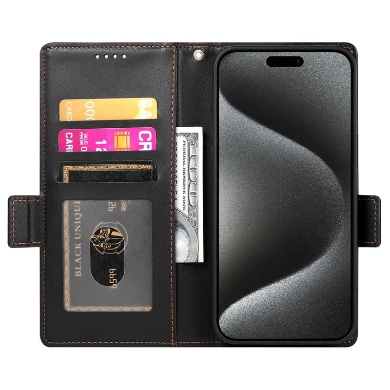 DF-010 For iPhone 15 Pro Case Side Magnetic Clasps Leather Wallet Stand Phone Cover - Black