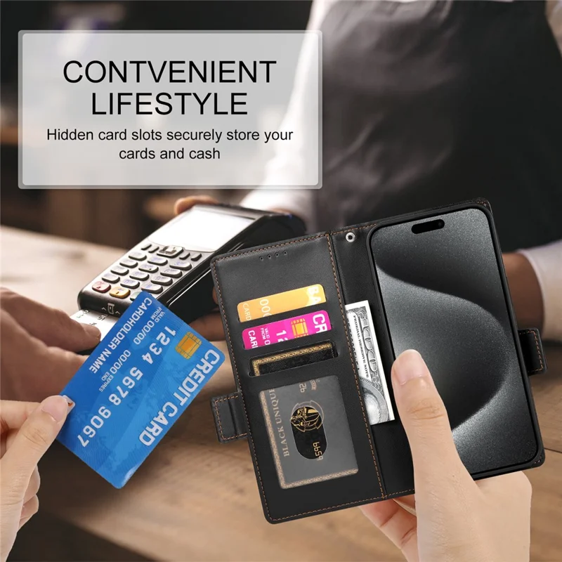 DF-010 For iPhone 15 Pro Case Side Magnetic Clasps Leather Wallet Stand Phone Cover - Black