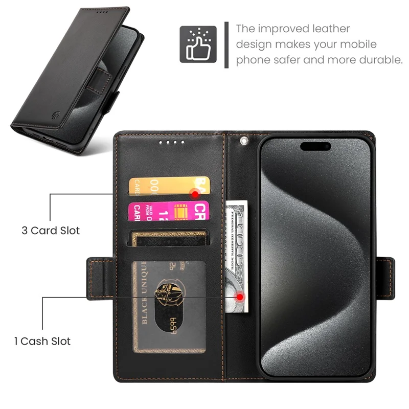 DF-010 For iPhone 15 Pro Case Side Magnetic Clasps Leather Wallet Stand Phone Cover - Black