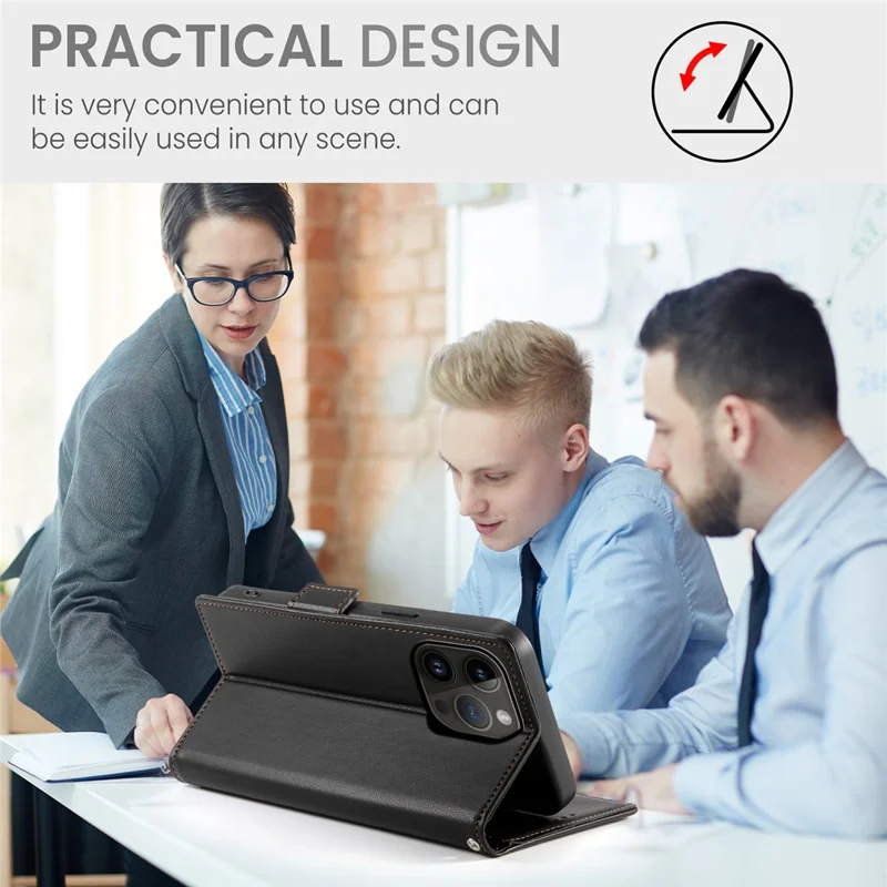 DF-010 For iPhone 15 Pro Case Side Magnetic Clasps Leather Wallet Stand Phone Cover - Black