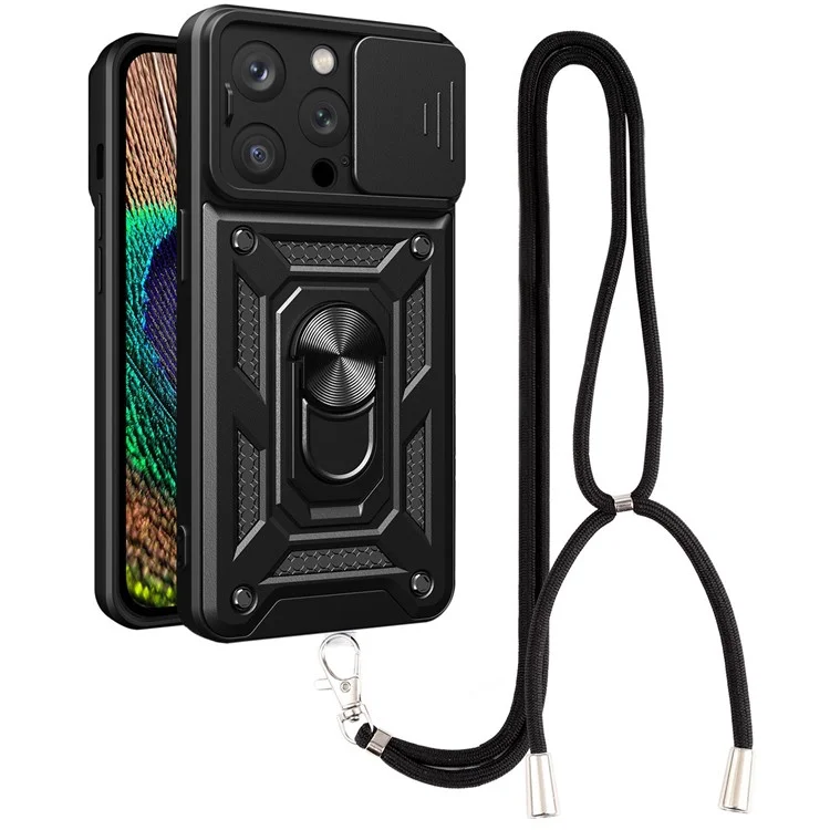 For iPhone 14 Pro 6.1 inch Phone Cover Kickstand Slide Camera Protection PC + TPU Ring Holder Drop-proof Phone Case with Lanyard - Black