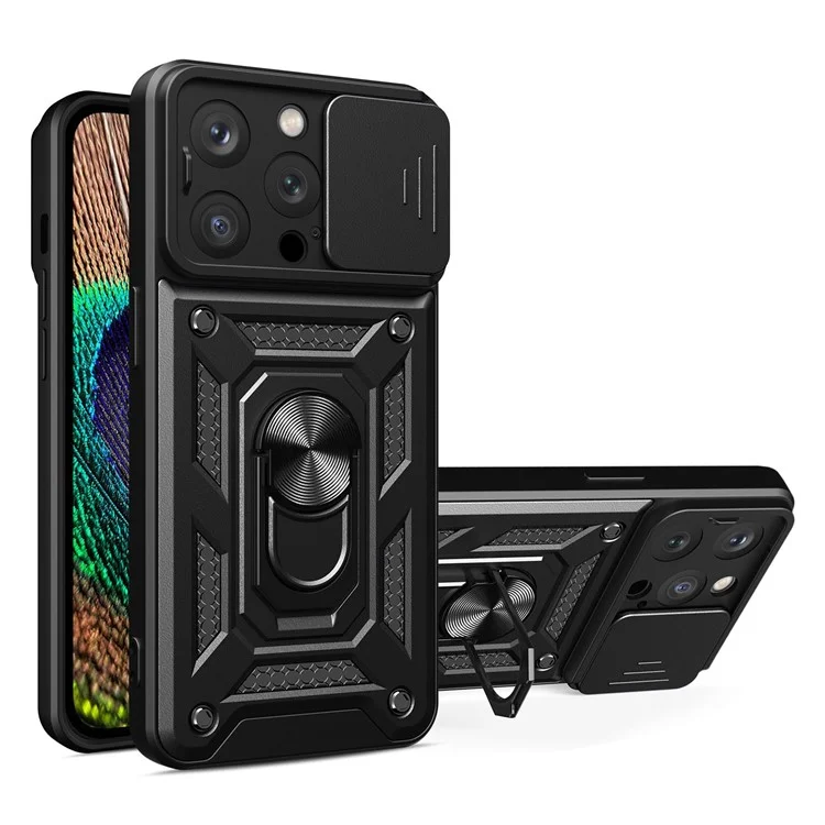 For iPhone 14 Pro 6.1 inch Phone Cover Kickstand Slide Camera Protection PC + TPU Ring Holder Drop-proof Phone Case with Lanyard - Black