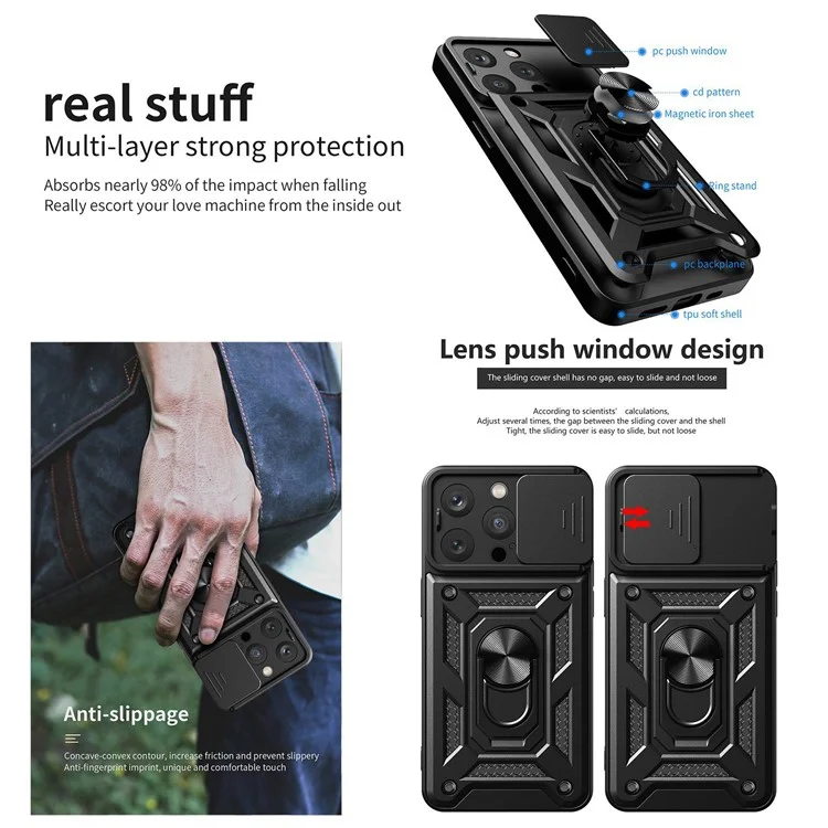 For iPhone 14 Pro 6.1 inch Phone Cover Kickstand Slide Camera Protection PC + TPU Ring Holder Drop-proof Phone Case with Lanyard - Black
