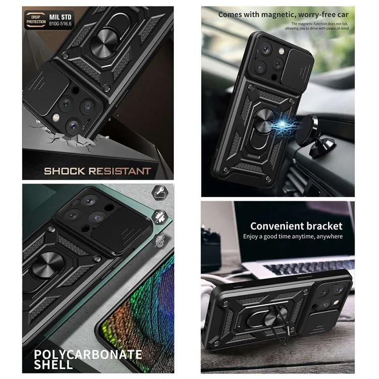 For iPhone 14 Pro 6.1 inch Phone Cover Kickstand Slide Camera Protection PC + TPU Ring Holder Drop-proof Phone Case with Lanyard - Black