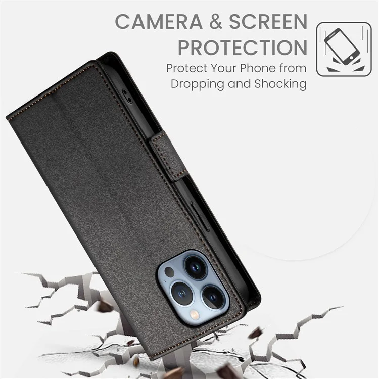 DF-010 For iPhone 13 Pro Max Case PU Leather Wallet Stand Phone Cover - Black