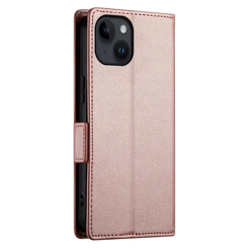 DF-010 For iPhone 14 Case Solid Color PU Leather Wallet Drop-proof Phone Cover - Rose Gold