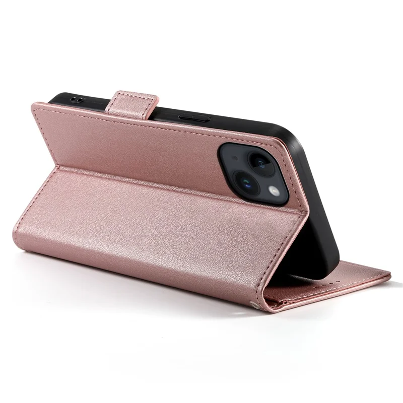 DF-010 For iPhone 14 Case Solid Color PU Leather Wallet Drop-proof Phone Cover - Rose Gold