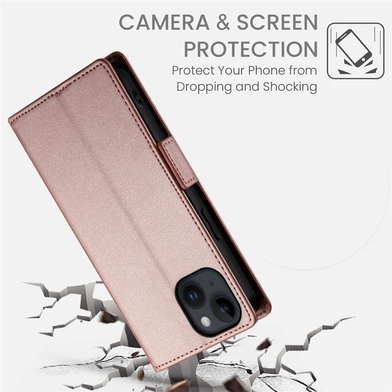 DF-010 For iPhone 14 Case Solid Color PU Leather Wallet Drop-proof Phone Cover - Rose Gold
