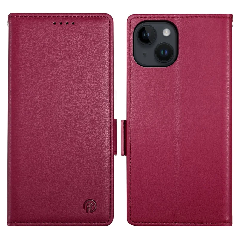 DF-010 For iPhone 14 Case Solid Color PU Leather Wallet Drop-proof Phone Cover - Wine Red