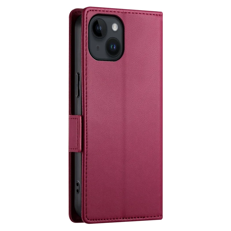 DF-010 For iPhone 14 Case Solid Color PU Leather Wallet Drop-proof Phone Cover - Wine Red