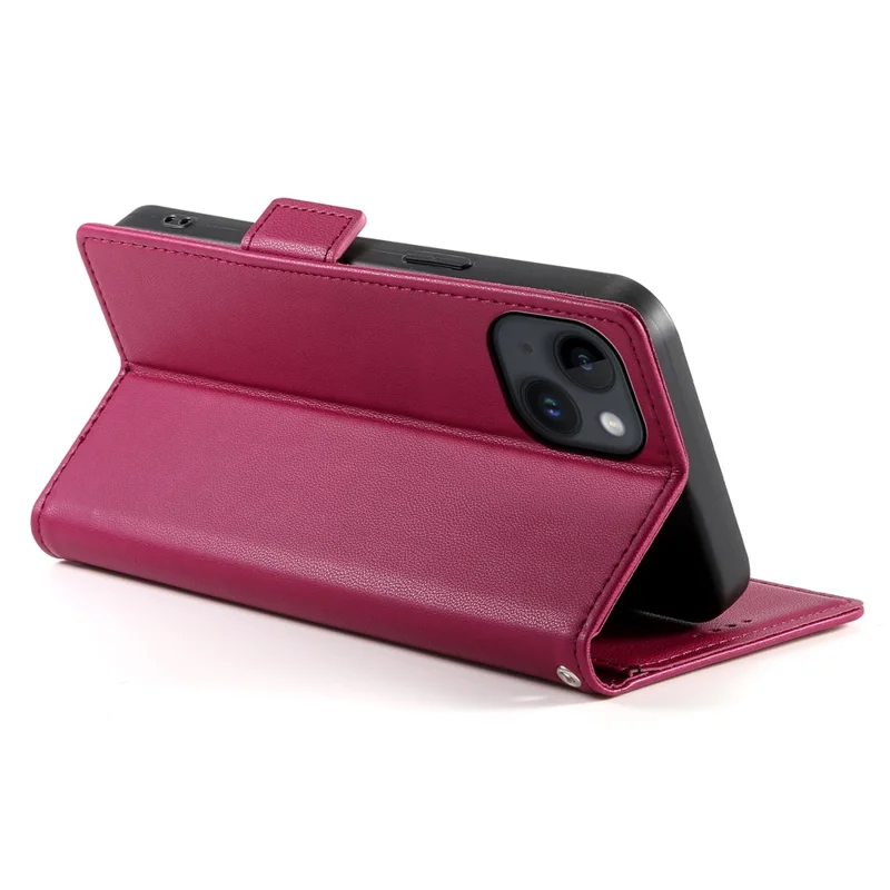 DF-010 For iPhone 14 Case Solid Color PU Leather Wallet Drop-proof Phone Cover - Wine Red