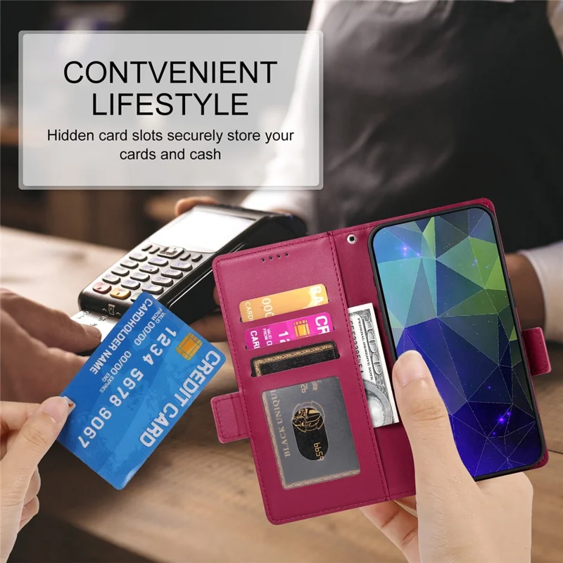 DF-010 For iPhone 14 Case Solid Color PU Leather Wallet Drop-proof Phone Cover - Wine Red