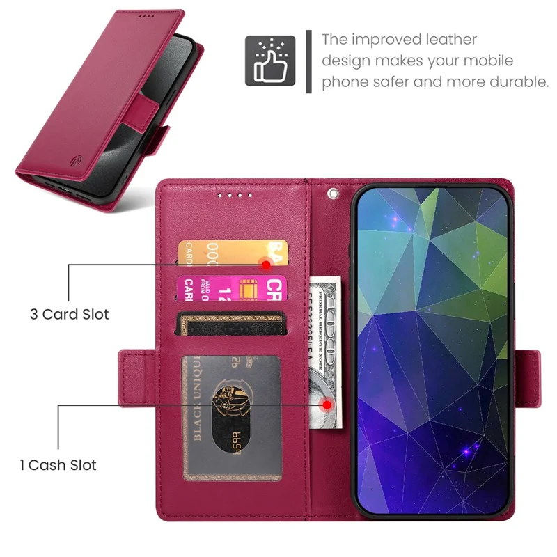 DF-010 For iPhone 14 Case Solid Color PU Leather Wallet Drop-proof Phone Cover - Wine Red