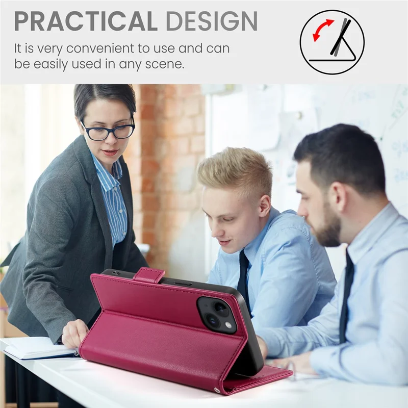 DF-010 For iPhone 14 Case Solid Color PU Leather Wallet Drop-proof Phone Cover - Wine Red