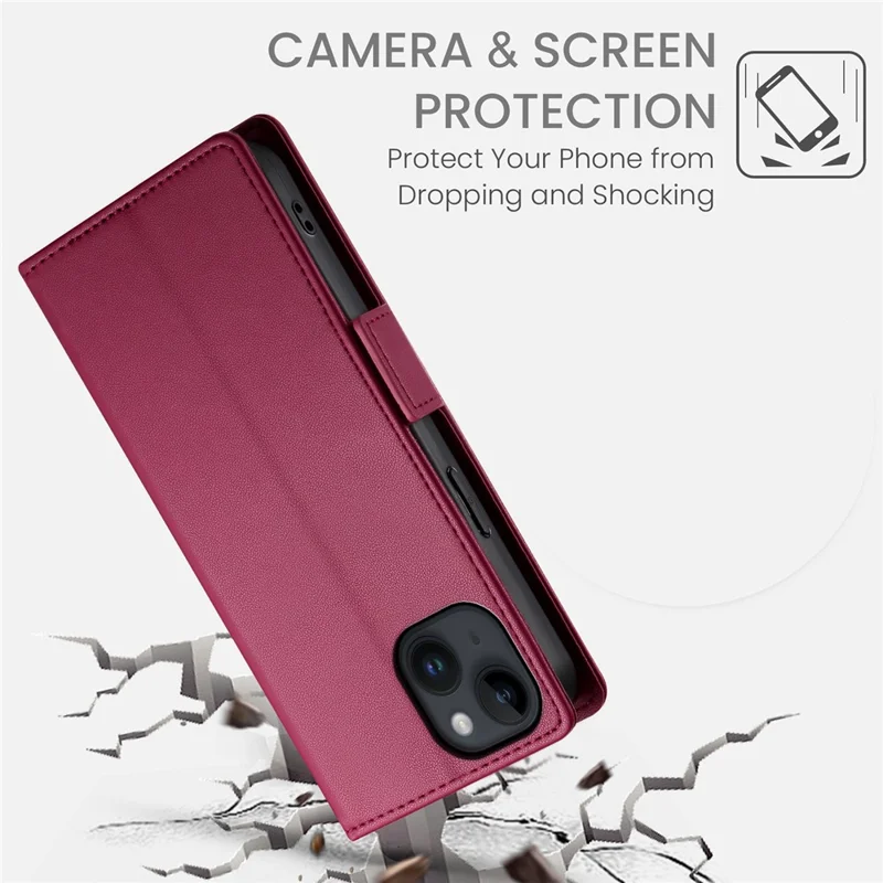 DF-010 For iPhone 14 Case Solid Color PU Leather Wallet Drop-proof Phone Cover - Wine Red