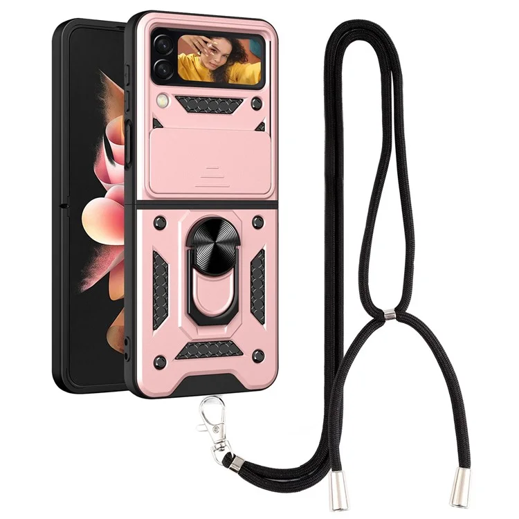 For Samsung Galaxy Z Flip4 5G Shockproof Phone Cover Slide Camera Protection PC + TPU Ring Holder Kickstand with Lanyard - Rose Gold