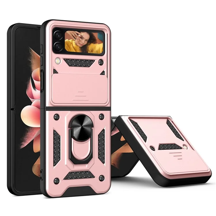 For Samsung Galaxy Z Flip4 5G Shockproof Phone Cover Slide Camera Protection PC + TPU Ring Holder Kickstand with Lanyard - Rose Gold