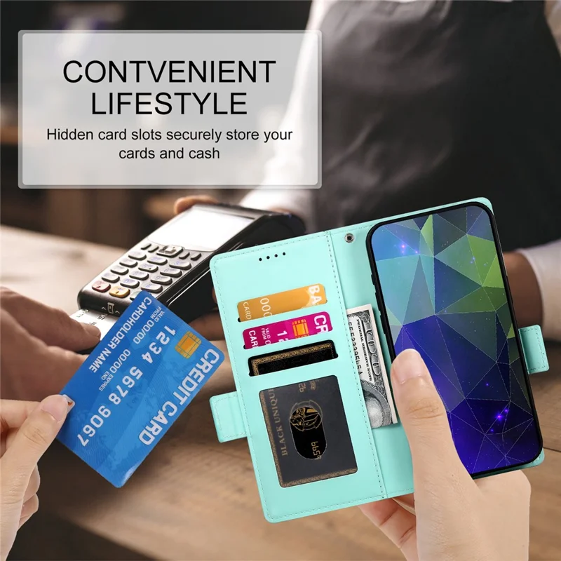 DF-010 For Samsung Galaxy A05 4G Case Leather Phone Cover with Card Holders Magnetic Side Buckle - Mint Green