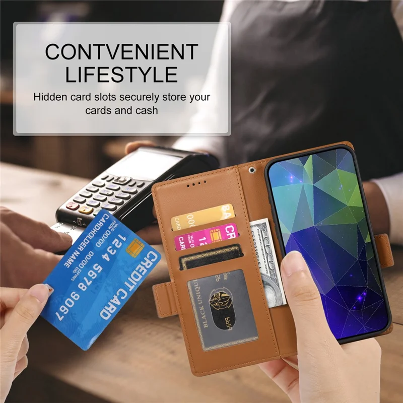 DF-010 For Samsung Galaxy A05 4G Case Leather Phone Cover with Card Holders Magnetic Side Buckle - Brown