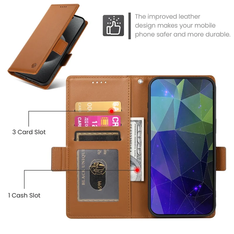 DF-010 For Samsung Galaxy A05 4G Case Leather Phone Cover with Card Holders Magnetic Side Buckle - Brown