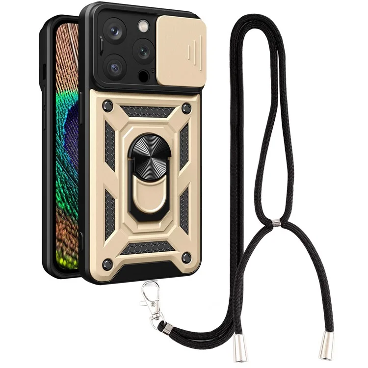 Phone Case Kickstand For iPhone 13 Pro 6.1 inch, Built-in Magnetic Metal Sheet Hybrid Phone Shell Ring Holder with Slide Camera Cover and Lanyard - Gold