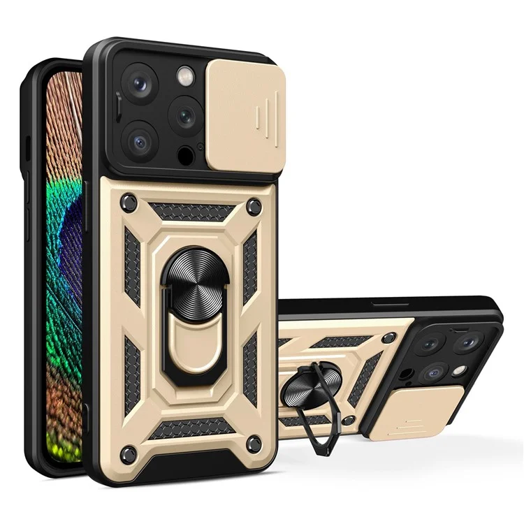 Phone Case Kickstand For iPhone 13 Pro 6.1 inch, Built-in Magnetic Metal Sheet Hybrid Phone Shell Ring Holder with Slide Camera Cover and Lanyard - Gold