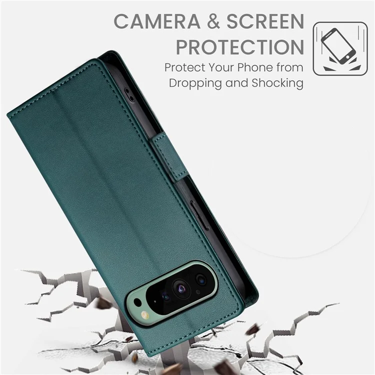 DF-010 Funda para Google Pixel 9 / 9 Pro, Carcasa con broches magnéticos laterales, de piel, con soporte - Verde Negruzco