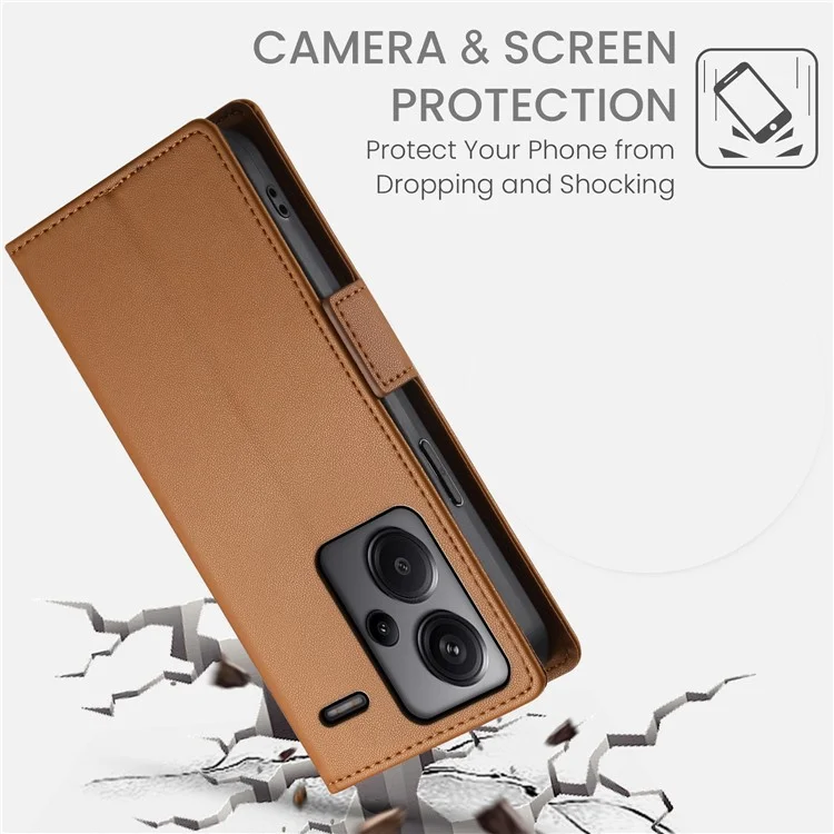 DF-010 For Xiaomi Redmi Note 13 Pro+ 5G Leather Case Side Magnetic Clasps Phone Wallet Cover - Brown