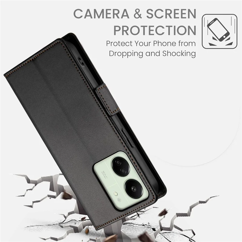 DF-010 For Xiaomi Redmi 13C 4G / 13C 5G / Poco C65 4G / Poco M6 5G / 13R 5G Case Card Holder Leather Stand Phone Cover - Black