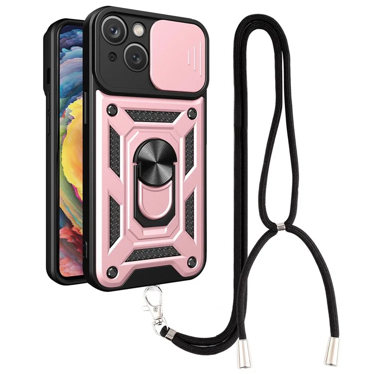 Anti-fall Ring Holder Phone Case For iPhone 13 6.1 inch, Slide Camera Protection PC + TPU Hybrid Phone Cover Kickstand with Lanyard - Rose Gold