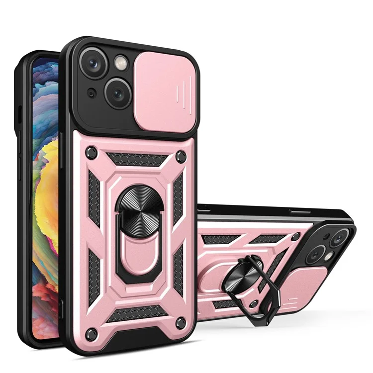 Anti-fall Ring Holder Phone Case For iPhone 13 6.1 inch, Slide Camera Protection PC + TPU Hybrid Phone Cover Kickstand with Lanyard - Rose Gold
