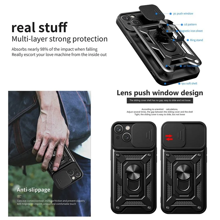 Anti-fall Ring Holder Phone Case For iPhone 13 6.1 inch, Slide Camera Protection PC + TPU Hybrid Phone Cover Kickstand with Lanyard - Rose Gold