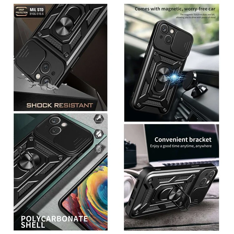 Anti-fall Ring Holder Phone Case For iPhone 13 6.1 inch, Slide Camera Protection PC + TPU Hybrid Phone Cover Kickstand with Lanyard - Rose Gold