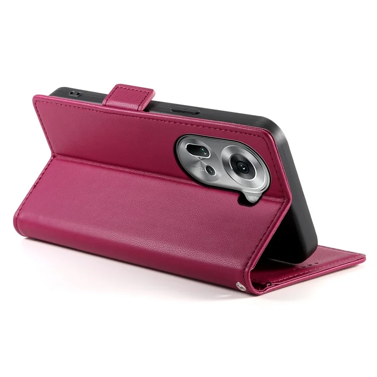 DF-010 For Oppo Reno11 5G (Global) Case PU Leather Phone Cover with Card Holder Side Magnetic Clasp - Wine Red